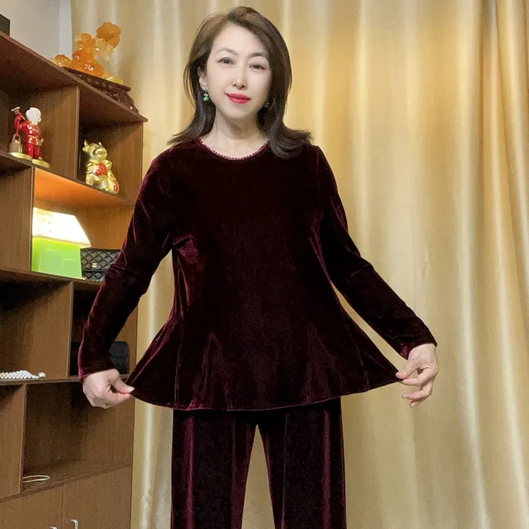 轻奢丝绒重工串珠5228长袖立体剪裁修身显瘦气质百搭款筒裤套装