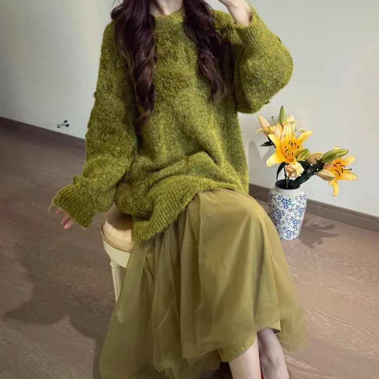 【清欢雪】羊毛混纺立体提花拼接网纱长裙冬季连衣裙时尚显瘦针织秋