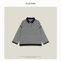 ELLETIAN "线条旋律"100羊毛polo领条纹针织上衣EAQZ035