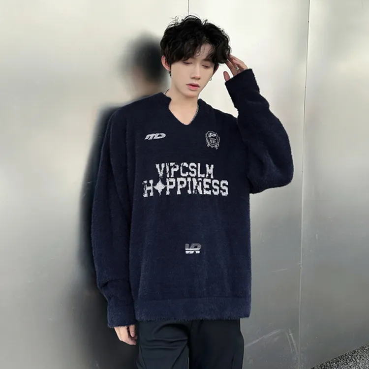 美式复古V领仿貂毛软糯毛衣男女秋季高街学院风针织衫外套上衣潮