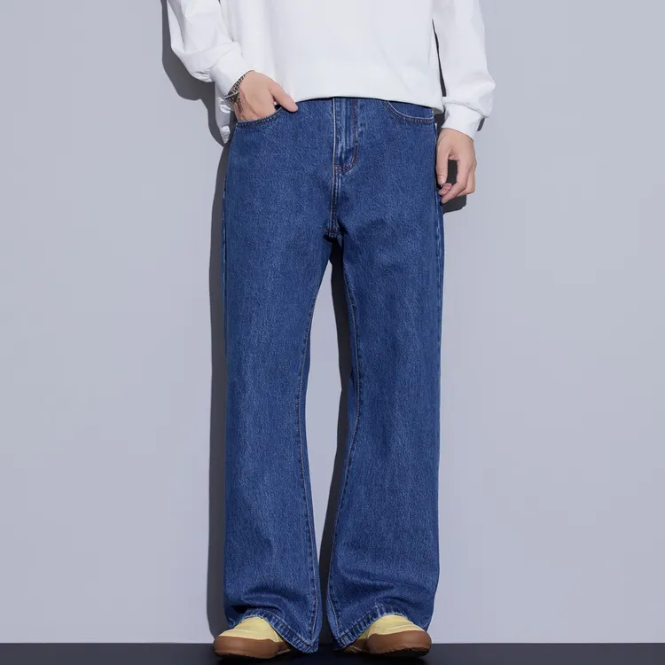 Kuvine2025秋季潮牌美式高街水洗百搭简约耐磨宽松微喇牛仔裤男士