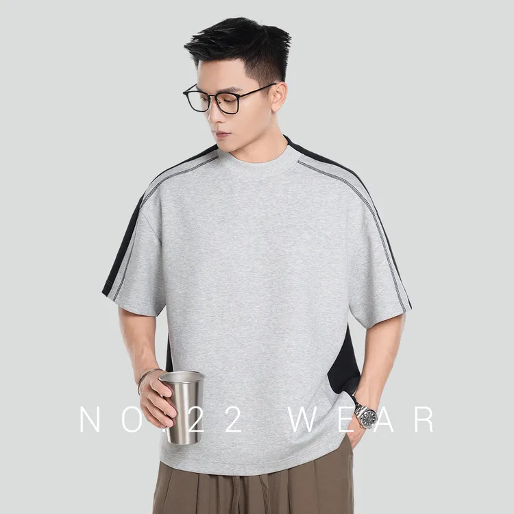 二十二号穿搭【巴黎秀场】夏季高级感冰凉撞色拼接设计款短袖T恤男