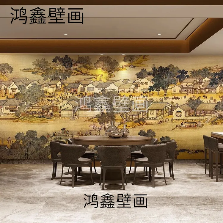 定制中式清明上河图壁画电视背景墙壁纸客厅古典大气大型立体墙布