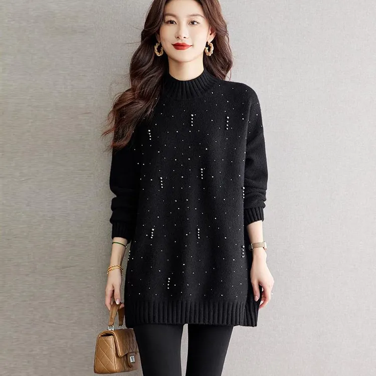 高级感时尚大码黑色毛衣裙女遮屁股秋冬宽松慵懒风针织打底衫外穿