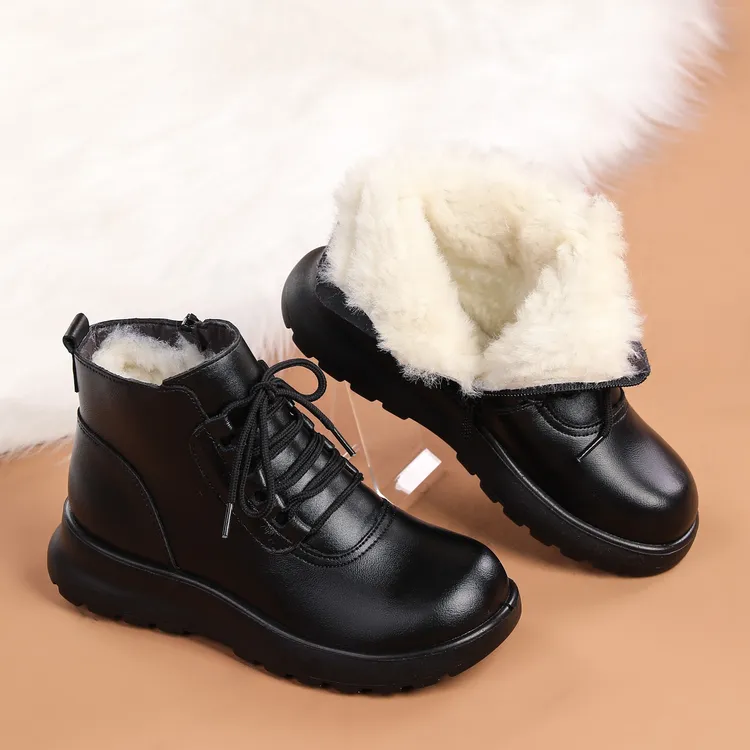 冬季妈妈鞋棉鞋牛皮羊毛保暖舒适防滑中老年人女鞋软底加绒短靴女