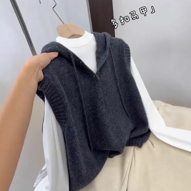韩系宽松连帽针织马甲背心秋季新款胖MM大码女装宽松坎肩无袖上衣