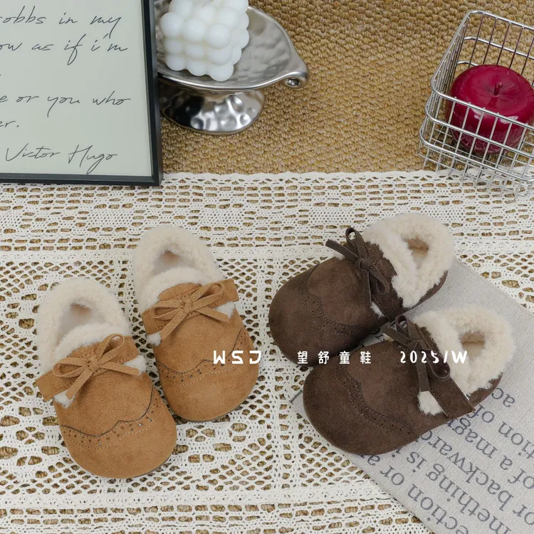 望舒家韩版女童蝴蝶结加绒勃肯鞋秋冬季英伦风防滑豆豆鞋棉鞋15