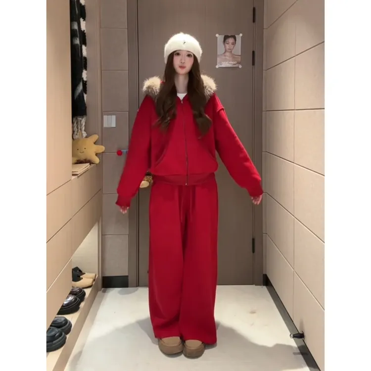 韩系红色连帽毛领卫衣外套+宽松显瘦弯刀卫裤两件套女秋冬新款