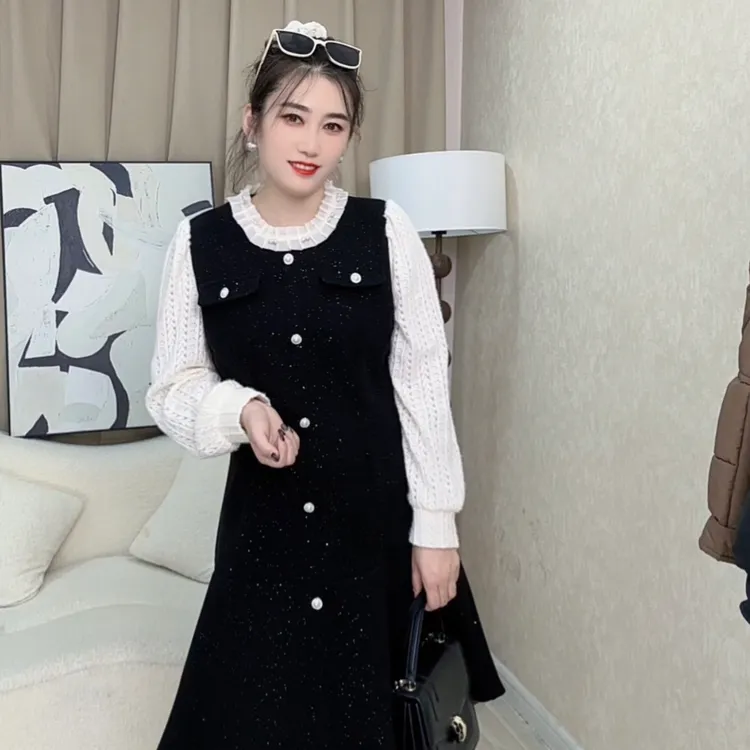 春秋小香风新款轻奢拼接圆领显瘦遮肉气质百搭大码连衣裙