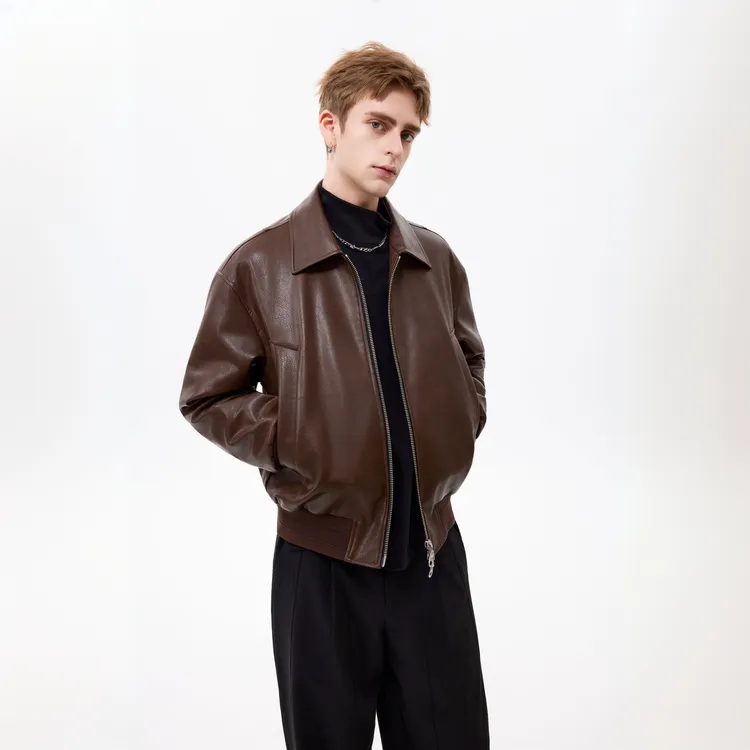 路易诗兰LOUISLONG秋季翻领机车风PU薄羽绒外套男士复古