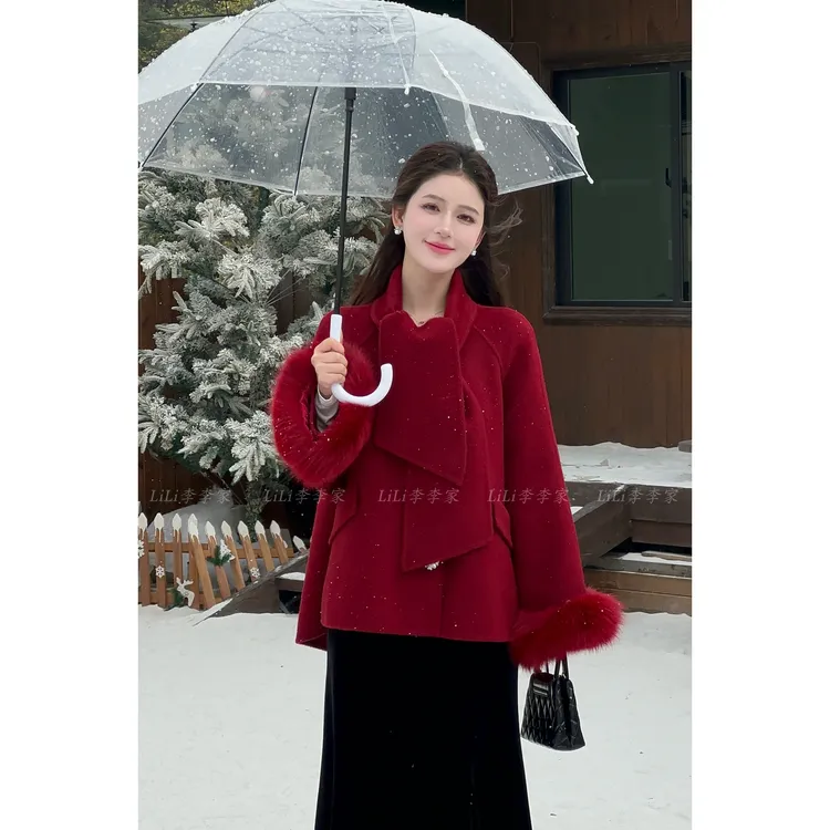 LiLi李李家【富贵花】双面羊毛带毛领设计款围脖斗篷大衣 XMZH5583