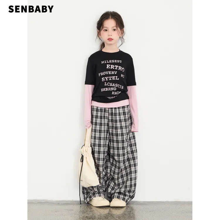 【现货】senbaby童装 女童短袖T恤秋季新款上衣韩版粉色字母假两件T