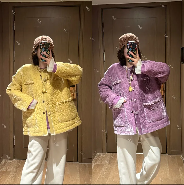 YDFSTUDIO小众【香香世界】欧货高品重工钉珠拼接设计时尚棉服外套