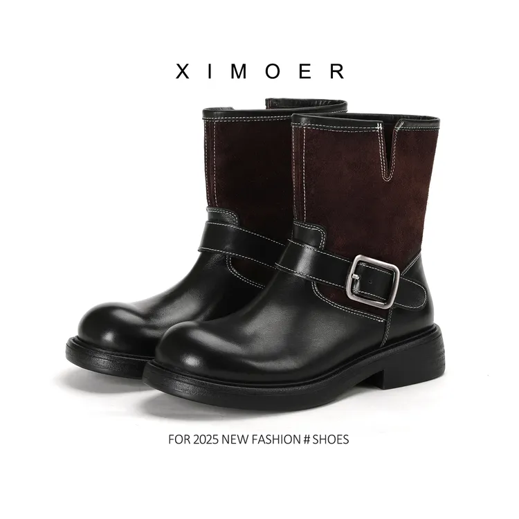 【梦婷】M907秋冬韩版拼接真皮马丁靴防滑舒适设计感女短靴