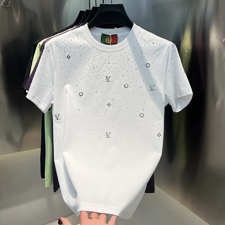 2025年春夏男士新款夏季烫钻半袖休闲个性印花男装圆领短袖T恤