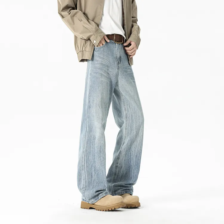 美式闪电纹牛仔裤男款秋冬季cleanfi裤子高街潮牌直筒休闲微喇裤