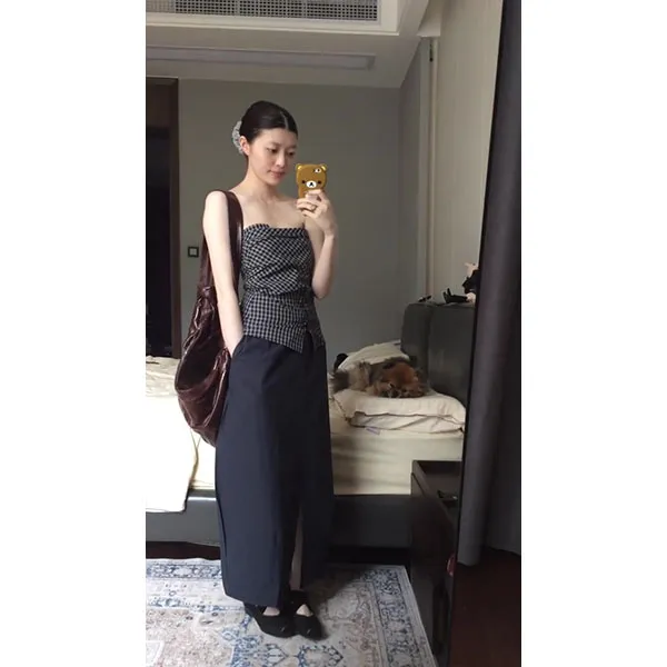 智性时髦可调节解构式舒适轻薄格纹抹胸上衣女长裙气质套装