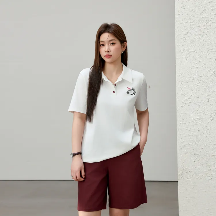 【美式潮流个性POLO领百搭T恤】纤莉秀大码女装显瘦减龄短袖QK0816
