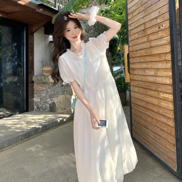 白色圆领泡泡袖法式A字裙辣妈长裙荡领中长款韩版温柔仙女连衣裙
