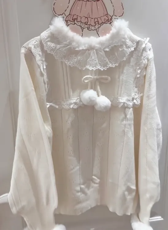 甜美洛丽塔风毛绒蕾丝拼接针织衫，可爱氛围感拉满的冬日穿搭单品
