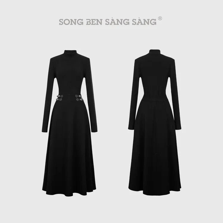 松本丧丧秋冬假两件腰封皮扣针拼接长袖针织显瘦连衣裙B254Q1967