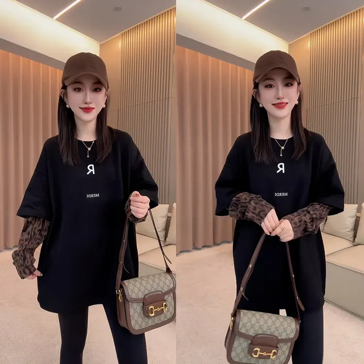 假两件卫衣女秋冬新款洋气时尚百搭刺绣字母圆领拼接豹纹长袖上衣