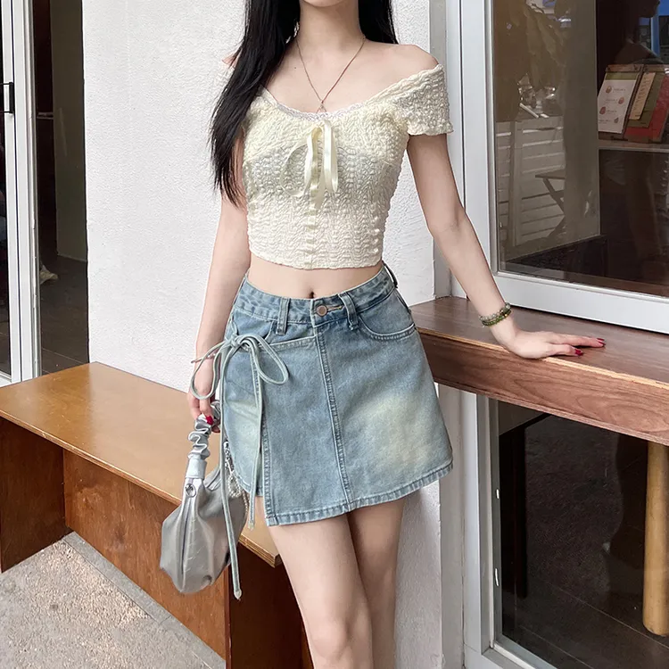 浅蓝色牛仔短裙女小个子2025秋季新款高腰显瘦a字不规则绑带裙裤