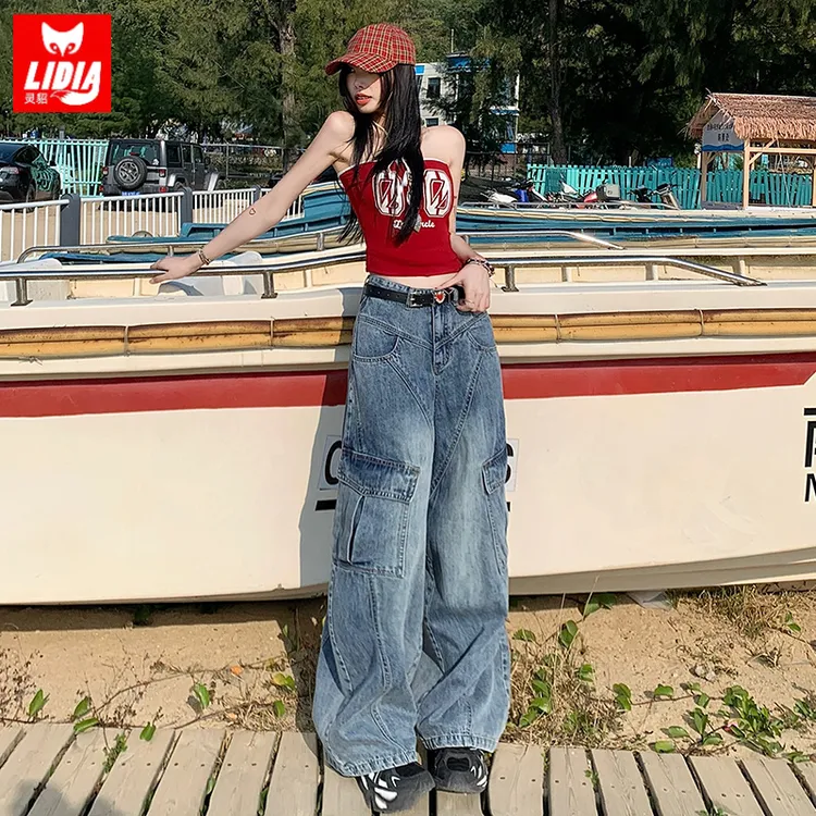 美式复古阔腿牛仔工装裤女夏季薄款多口袋酷飒高腰显瘦宽松拖地裤