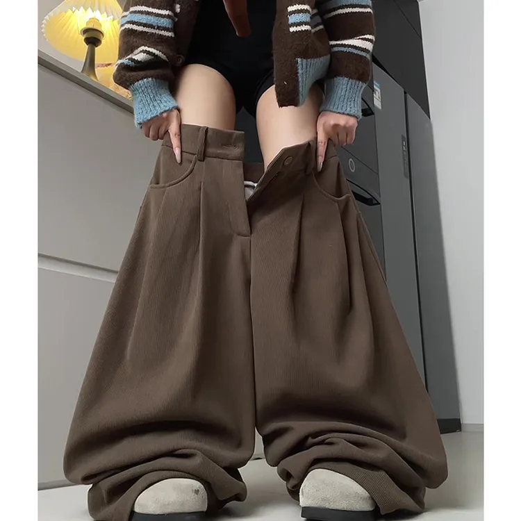 咖色新款韩系灯芯绒西装裤女秋季高腰显瘦垂感休闲百搭直筒阔腿裤