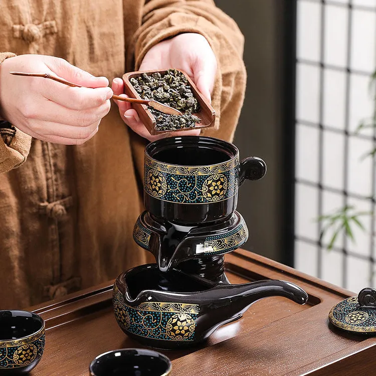 复古陶瓷懒人石磨自动茶具套装旋转出水家用客厅办公室功夫泡茶器