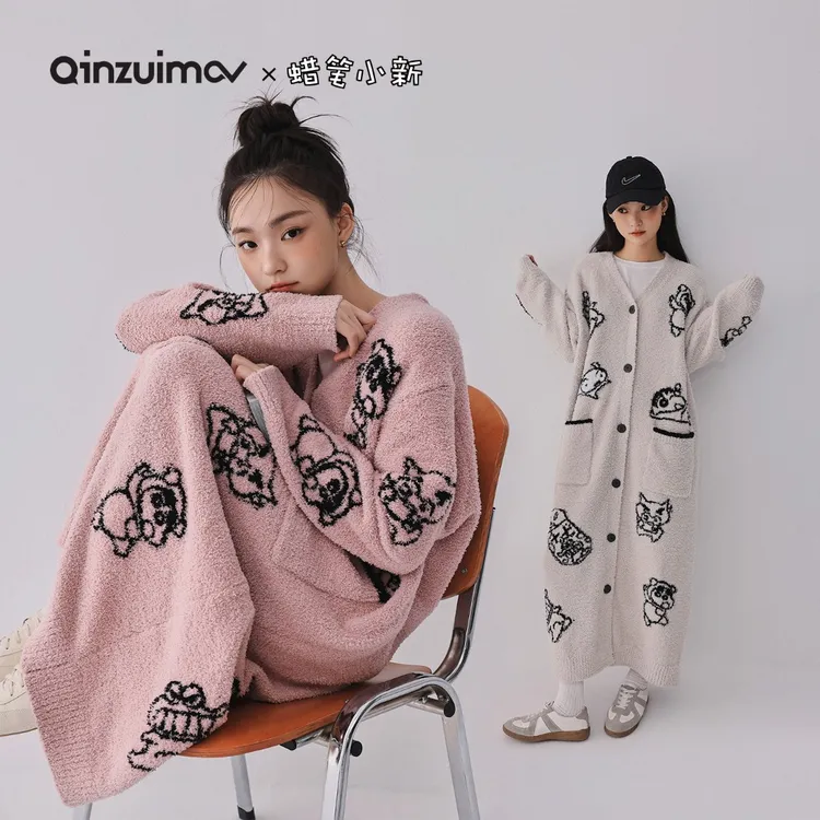 亲嘴猫【蜡笔小新】秋冬季半边绒睡袍女保暖加厚家居服睡衣可外穿