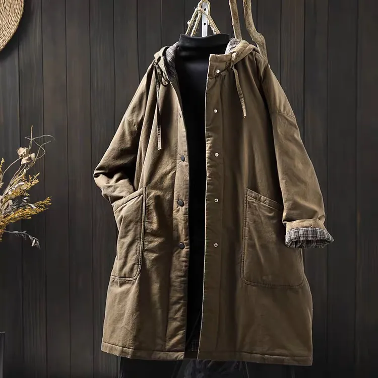 古咖服饰冬季大口袋连帽中长棉服外套女宽松大码复古休闲加厚棉衣