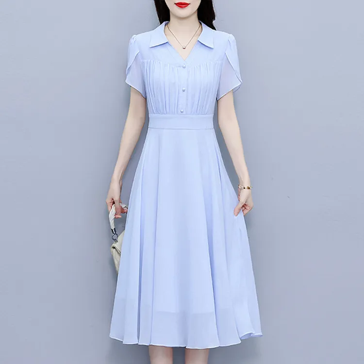 气质爆款短袖连衣裙女2025年夏季新款十三行妈妈纯色收腰显瘦裙子