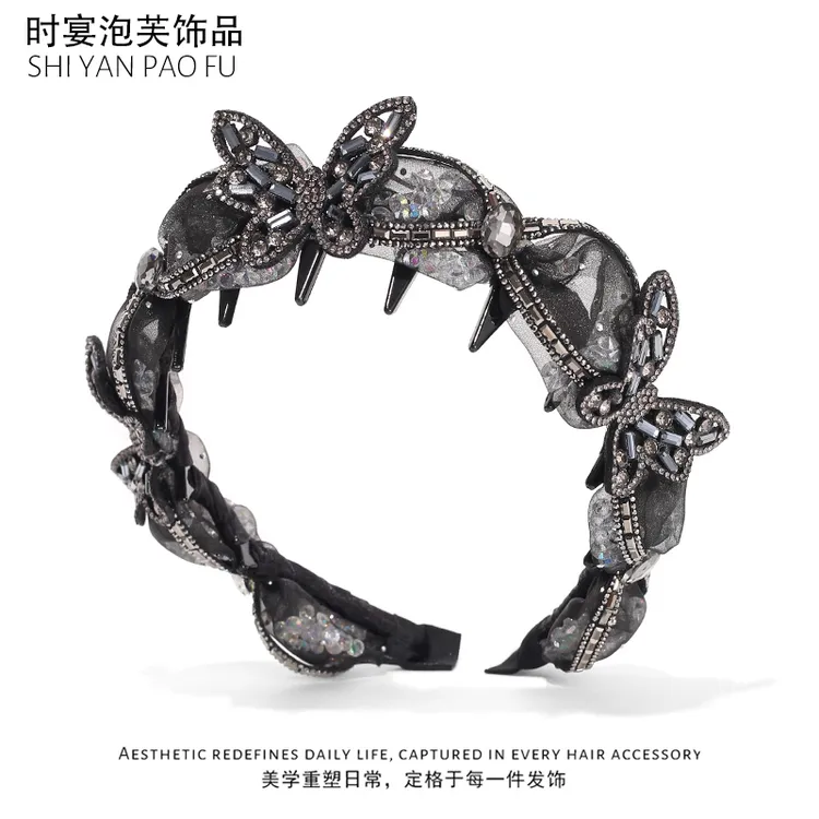 时宴泡芙流沙蝴蝶发箍碎钻波浪头箍高级手工超闪高颅顶齿梳压发箍