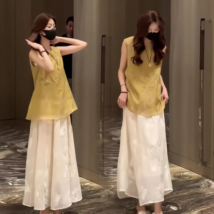 新中式国风无袖衬衫背心提花上衣高腰显瘦烟花刺绣半裙女装三件套