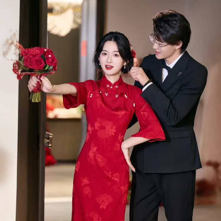 红色旗袍敬酒服新娘订婚礼服女新中式结婚回门便装小个子中袖秋季