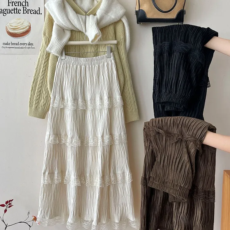 法式蕾丝拼接丝绒磨毛百褶蛋糕裙女秋冬温柔氛围感大摆蓬蓬半身裙