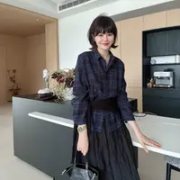 秋季韩版宽松显瘦休闲撞色格子衬衣复古长袖衬衫