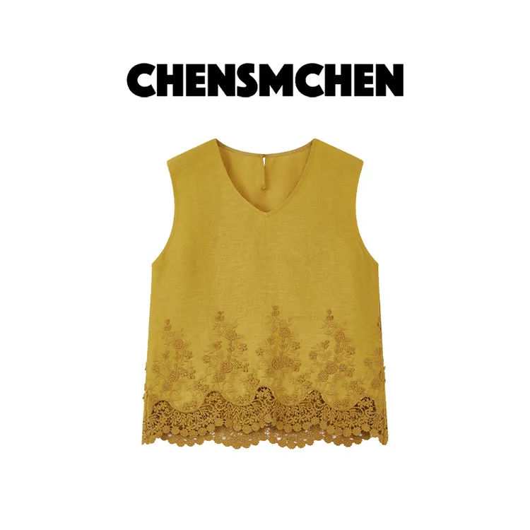 CHENSMCHEN 100亚麻V领无袖衬衫女夏季时尚休闲百搭衬衣CSC5119SL