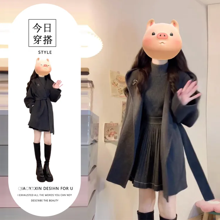 韩系小香风穿搭套装秋冬季立领打底衫A字半身裙呢子外套三件套装
