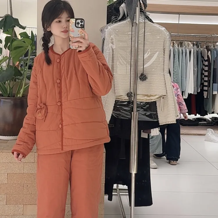 朵朵可可女士秋冬圆领夹棉全棉福袋保暖家居服