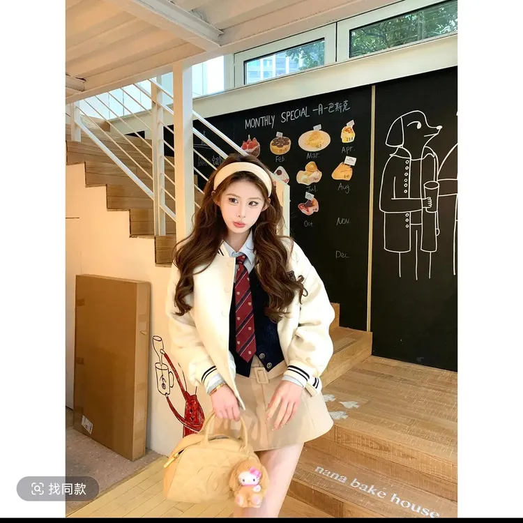 溪溪靓衫海德公园假两件针织上衣百搭半裙冬加棉棒球外套