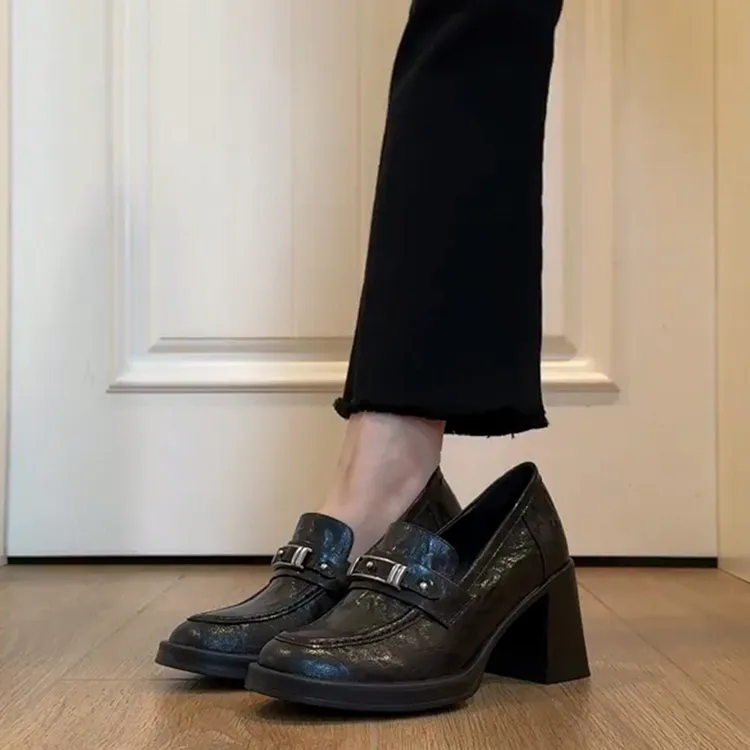 羊皮版~复古英伦风金属扣一脚蹬乐福鞋女通勤气质圆头粗跟小皮鞋