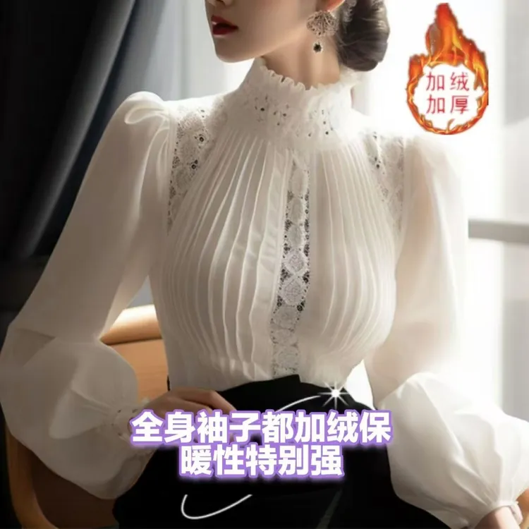 2025年新流行爆款衬衫高级感超好看秋冬加绒白色泡泡袖立领上衣女