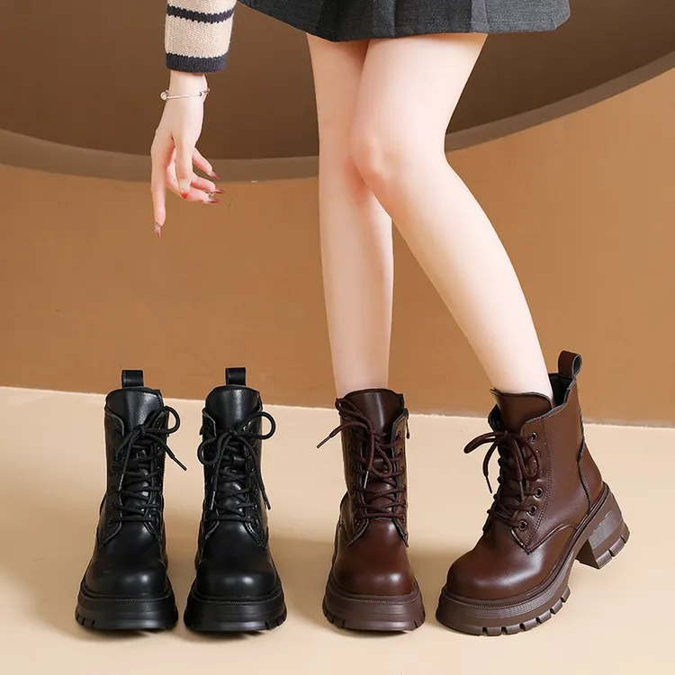 厚底马丁靴女2025秋冬新款小个子英伦风工装靴美拉德增高加绒短靴