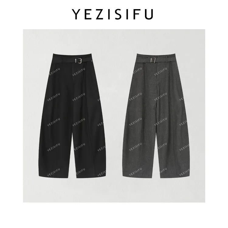 欧尼私服 2025冬季半松紧阔腿直筒加绒磨毛休闲西装裤2510C7180