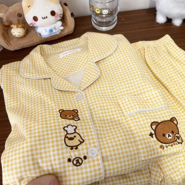 黄格子轻松熊套装大码250斤家居服睡衣