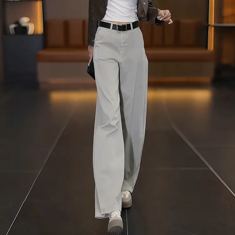 拉夏贝尔莫兰迪灰显瘦弯刀牛仔裤女2025春秋季新款高腰宽松阔腿裤
