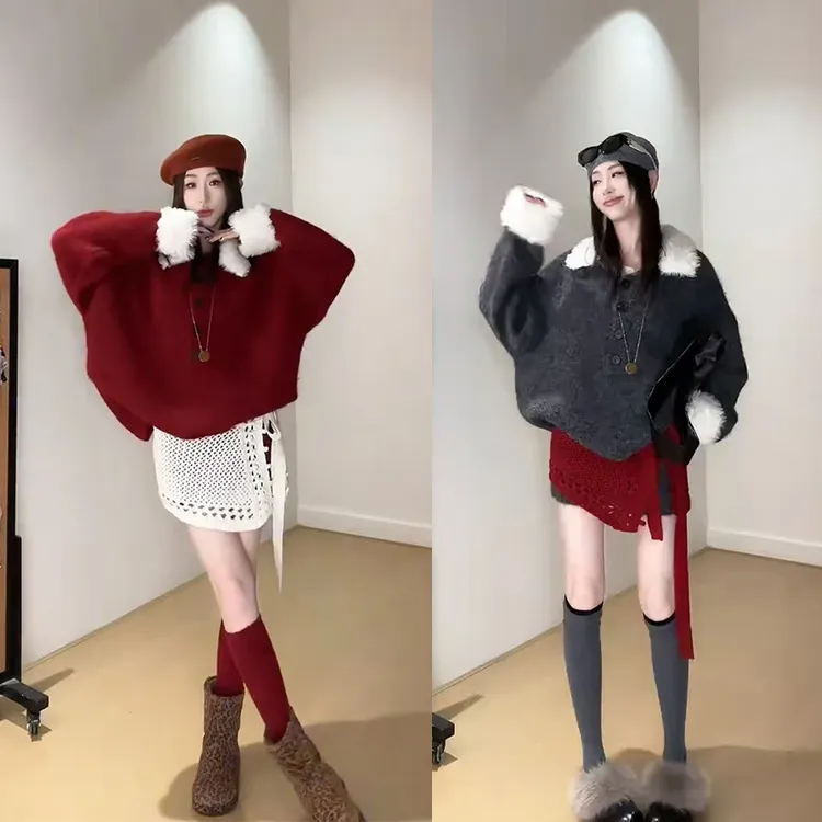 圣诞氛围感穿搭一整套女2025洋气减龄翻领针织衫短裤屁帘三件套