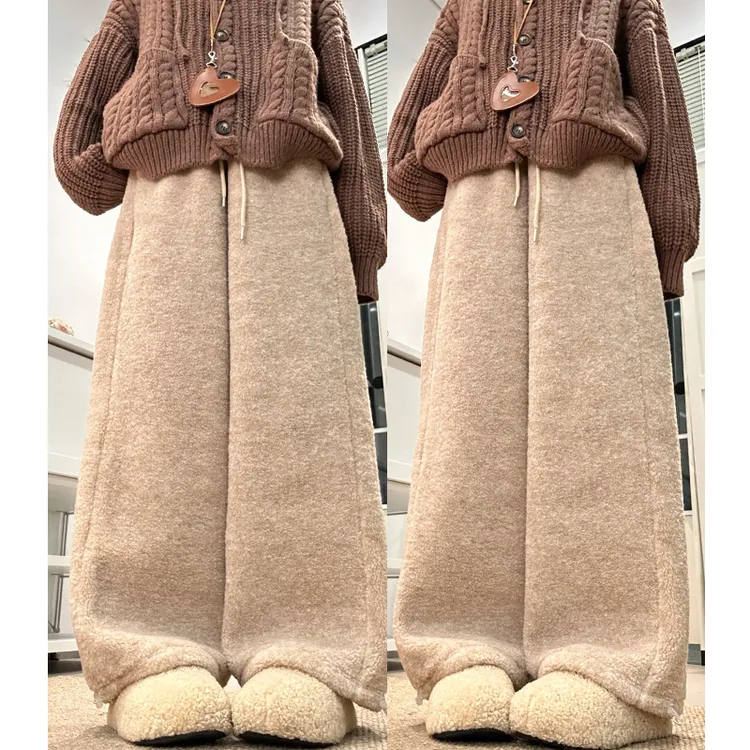 卡其色运动裤女秋冬季2025新款高腰显瘦阔腿加绒加厚摇粒绒束脚裤